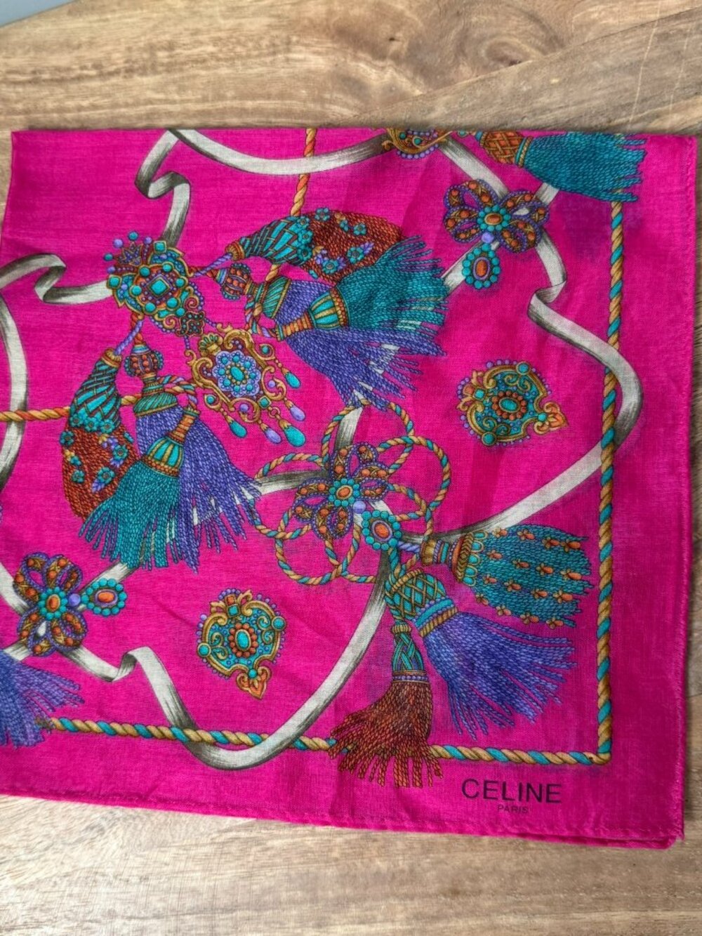 Vintage CELINE Paris Fuchsia Pink Silk Cotton Scarf Tassel Rope Medallion